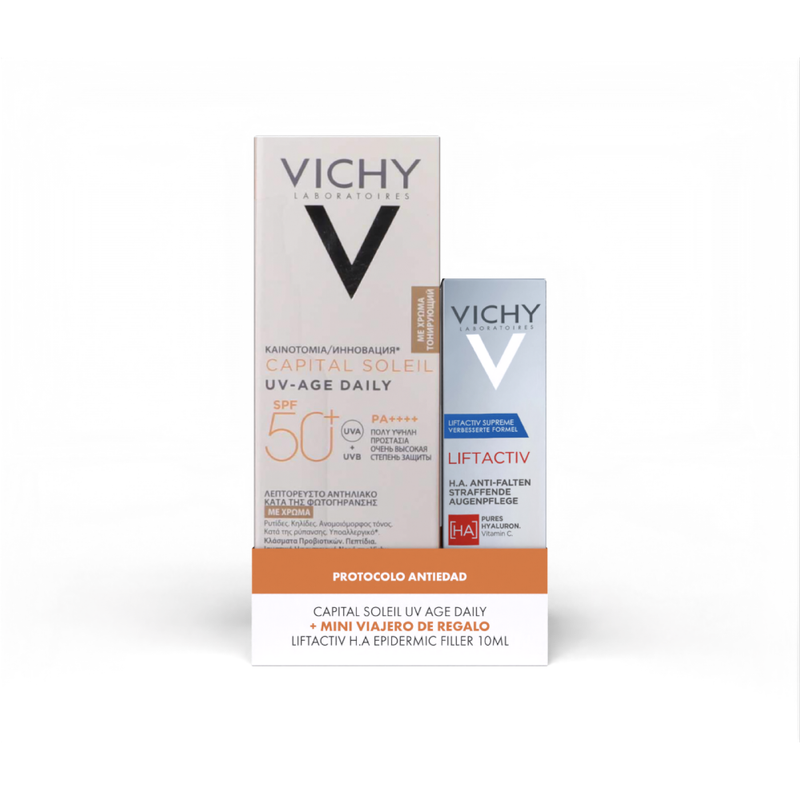 VICHY-CAPITAL SOLEIL UV AGE SPF50+ (PACK con REGALIA : Mini de 10 ml LIFTACTIV Epiderm Filler
